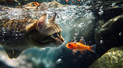 A curious cat underwater, fascinated by a vibrant orange fish. Capturing the moment of curiosity, exploration, and the underwater world's serene beauty