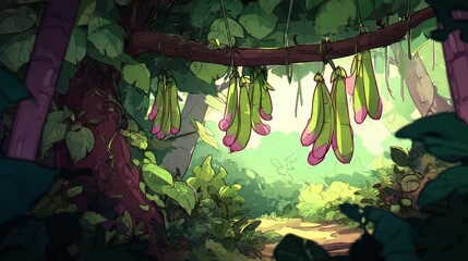 Lush jungle path with vibrant pods