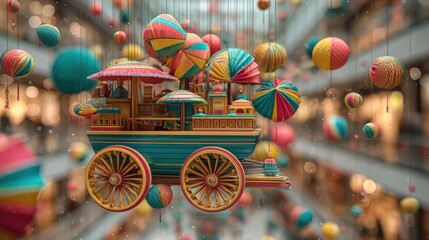 Colorful, fantastical train suspended in air, adorned with colorful decorations