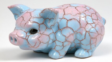 Light blue ceramic pig figurine with pink crackle