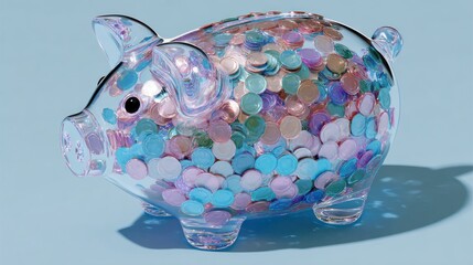Clear piggy bank, filled with colorful coins, on a light blue background