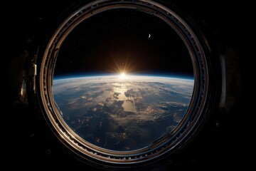 Sunrise over Earth viewed through a space station window