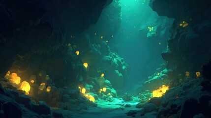 Deep cave, glowing orbs