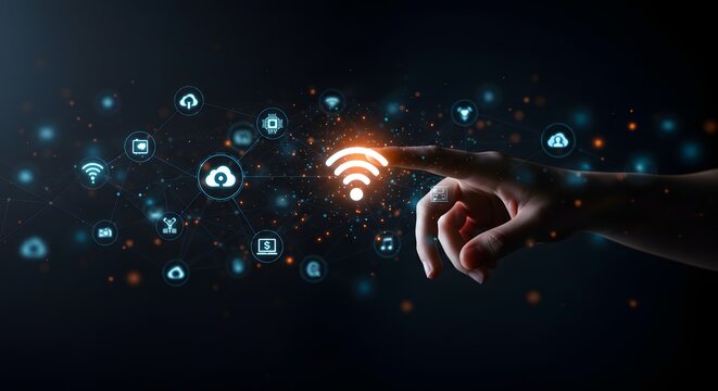 Hand touching glowing Wi-Fi symbol and interconnected digital icons representing technology and connectivity