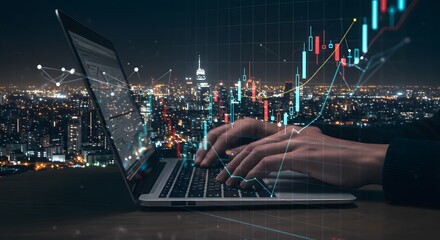 Hands Typing on Laptop with Stock Market Charts Over Cityscape at Night