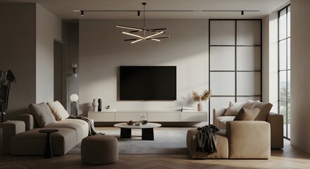 Modern Living Room with Beige Sofas, Minimalist Decor, and Natural Light