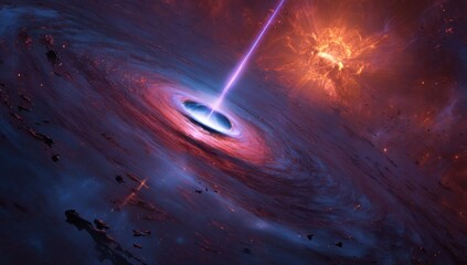 Cosmic vortex, a swirling black hole emitting a vibrant beam of energy, amidst a chaotic nebula