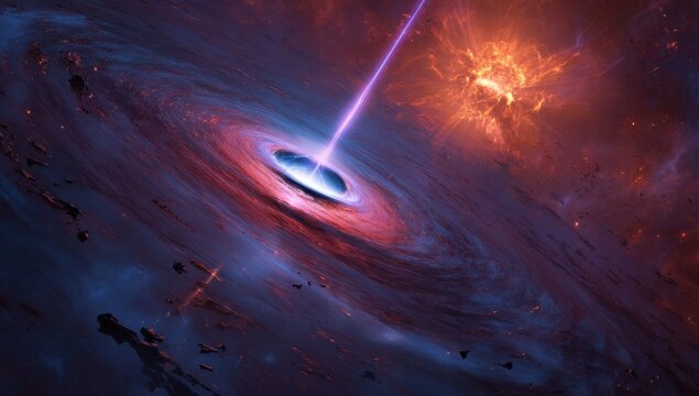 Cosmic vortex, a swirling black hole emitting a vibrant beam of energy, amidst a chaotic nebula