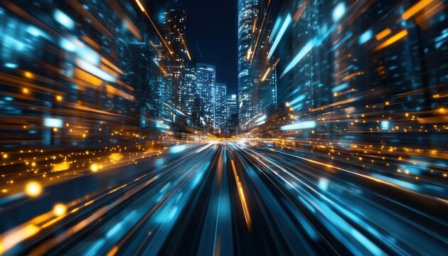 Next Generation Technology: Hyper Loop At Warp Speed With Blurred Light Effects In A Mega City At Night Featuring Fin Tech, Big Data, And 5g Network.