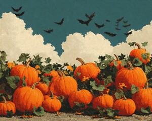 Halloween banner with pumpkins and flying bats