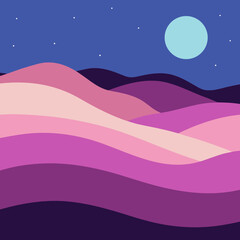 Serene moonlit landscape illustration with rolling hills and starry sky vector art