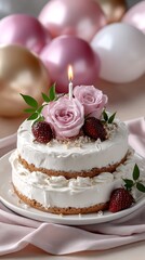 Elegant Wedding Cake with Pink Roses and Strawberries for Celebration Events