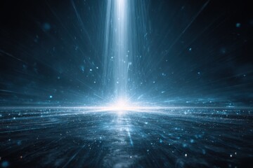 A vast, dark space, illuminated by a central beam of light, radiating outward.  A textured, slightly blurred surface stretches across the foreground