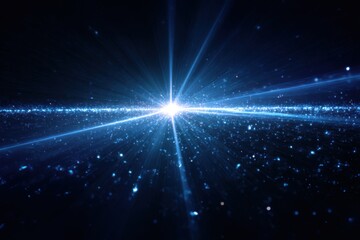 Cosmic burst of light radiating from a central point in a dark space filled with glittering particles
