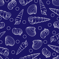 Seamless pattern with seashells. Hand drawn vector illustration.