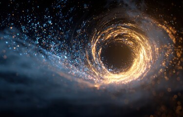 Abstract swirling vortex of golden and blue particles