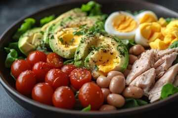 アボカドとゆで卵とトマトの彩り豊かなサラダ ボウルに入ったヘルシーな食事 ダークな背景