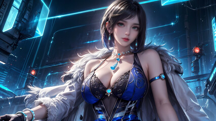 Stylish Asian Woman in Blue Futuristic Outfit in a Cyberpunk Metropolis