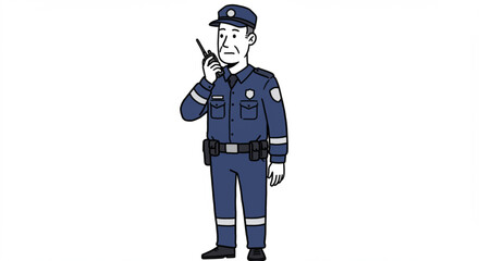 A cartoon style drawing of a security guard in uniform holding a walkie talkie and wearing a hat
