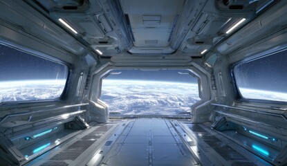 Futuristic spaceship interior, panoramic view of Earth