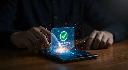 Successful Mobile Payment Confirmation with Digital Overlay and Shopping Cart Icon