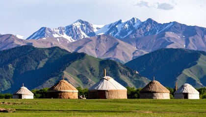 Nomadic yurt homes nestled in valley, mountains