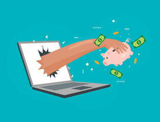 Flat Illustration About Cybercrime And Data Theft - An Illustration of a Hand Stealing a Piggy Bank from a Laptop, Representing Online Fraud and Internet Security