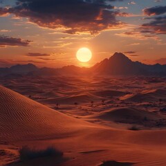 砂漠の夕焼け 砂丘 山並みが広がる風景 オレンジ色の空 穏やかな光