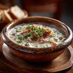 Creamy mushroom soup in a rustic bowl with fresh herbs and bacon garnish.