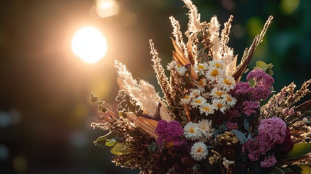 Elegant organic floral arrangement flowing forms soft-focus nature background warm glow