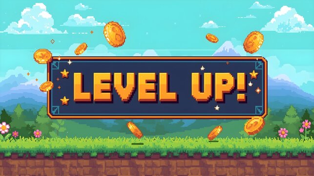 Retro pixel art video game scene with level up announcement floating orbs and lush landscape for gaming graphics and concepts