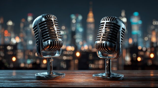 Vintage microphones shine against a vibrant cityscape backdrop, perfect for podcasting or radio promotions