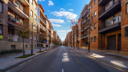 Obraz premium Residential urban street with medium-height apartment buildings, balconies, asphalted road with sidewalks and trees, sunny spring day in Spain, realistic architectural photography. 