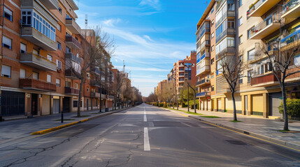 Obraz premium Residential urban street with medium-height apartment buildings, balconies, asphalted road with sidewalks and trees, sunny spring day in Spain, realistic architectural photography. 