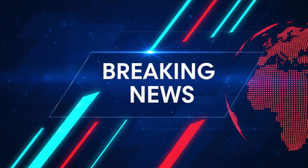 Breaking News Banner with Digital Globe and Abstract Lines on Blue Background
