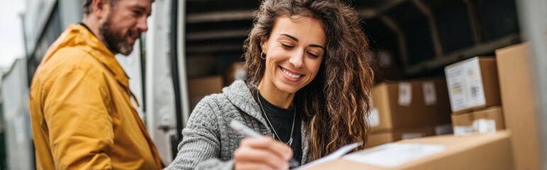Woman completing shipping paperwork while smiling, with a delivery truck loaded with boxes in a busy loading area