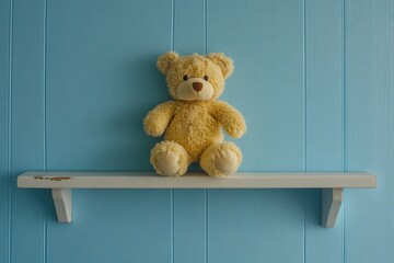 Teddy bear on shelf, pastel blue wall, teddy bear sits on a shelf against a pastel blue wall