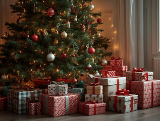 a large Christmas tree decorated with Christmas balls, lights, stars in the middle of the living room with lots of Christmas presents underneath