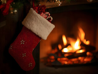 A cozy living room decorated for Christmas with a Christmas tree, gifts, Christmas stockings on the fireplace. a warm fireplace