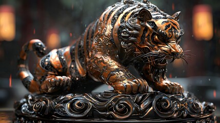 Fototapeta premium An exquisite bronze tiger statue stands proudly, radiating power and artistry, embodying strength and majesty, captured against a soft, blurred backdrop.