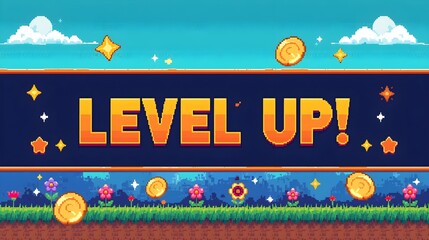 Vibrant retro pixel art video game scene level up with floating coins clouds and cute characters for nostalgic gaming enthusiasts