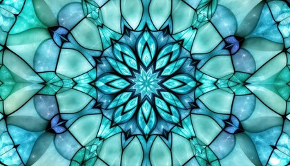 Intricate turquoise and blue fractal pattern with radiating symmetrical shapes, suggesting crystalline structures and flowing organic forms