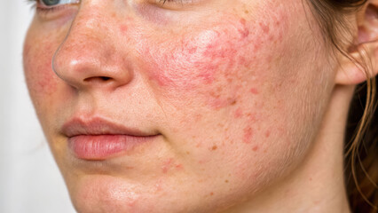 Obraz premium Acne redness inflamed cheek skin atopic dermatitis female face closeup Calm portrait shows acne redness and inflamed cheek skin with atopic