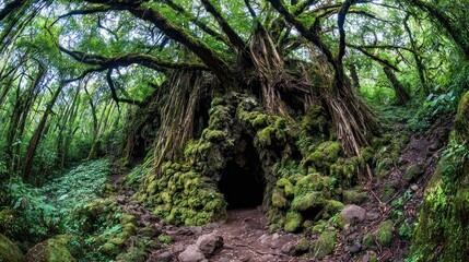 Obraz premium Lush forest cave entrance
