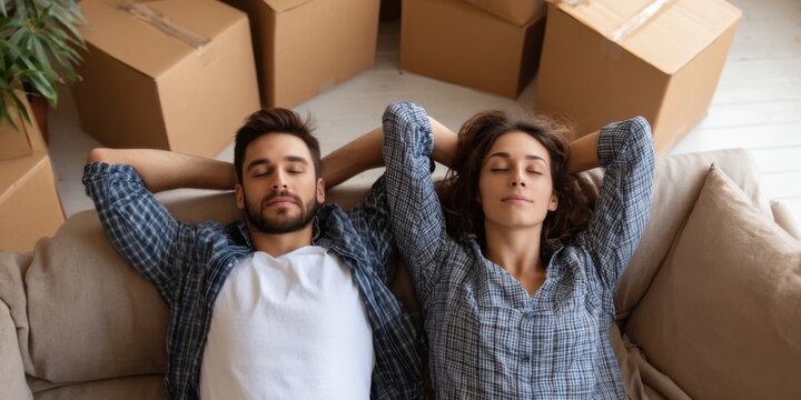 Couple relaxing on a couch amidst moving boxes in their new home