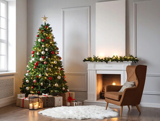 A room with a Christmas tree and a white fireplace is elegant and luxurious.