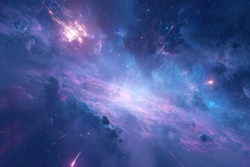 Vast cosmic nebula, vibrant colors, exploding stars