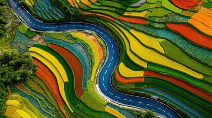 Winding road through vibrant terraced rice paddies