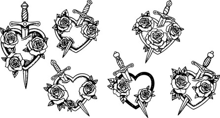 Naklejka premium Set of Holy Heart of Mary with Roses and Sword, Hand-Drawn Line Art and Dotwork Vector Illustration for Flash Tattoo or Vintage Print Design