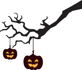 Halloween Pumpkin Ornament on Tree Branch: A chilling black tree branch, adorned with two smiling pumpkin ornaments, evokes the festive spirit of Halloween against a subtle backdrop.